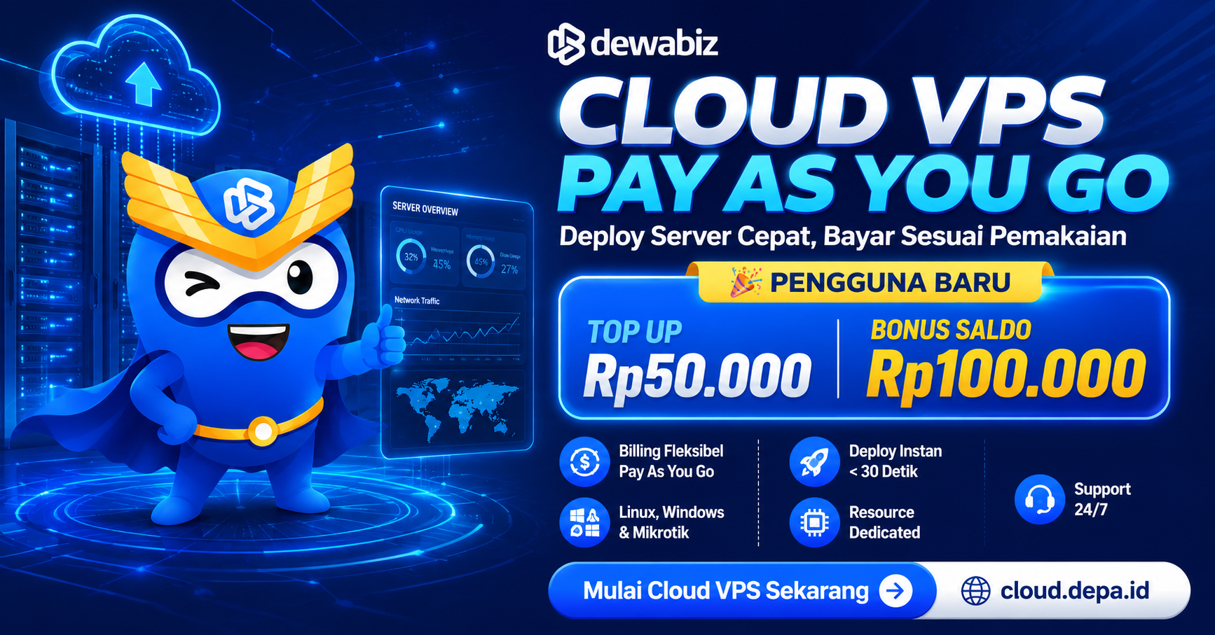 Promo Pengguna Baru Cloud VPS: Top Up Rp50.000 Dapat Bonus Saldo Rp100.000